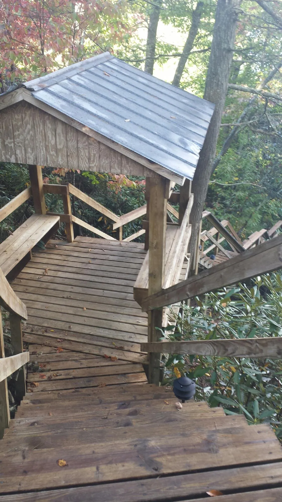 Metal roofed shelter over wooden steps on a wooded walkway — Skylight Repair & Installation work by our crew in Port Murray